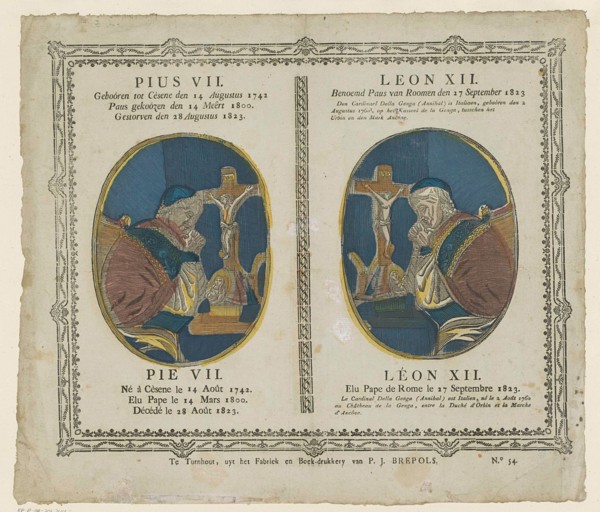 Pius VII / Pie VII / Leon XII / Léon XII. Two oval performances. On the left the praying pope Pius VII at a table with crucifix, right the praying pope Leo XII at a table with crucifix. Above and belo...
