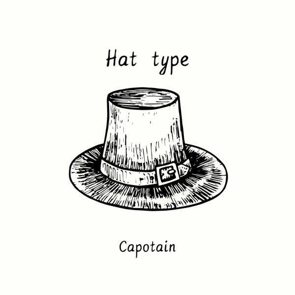 Hat type, Capotain. Ink black and white drawing outline illustration