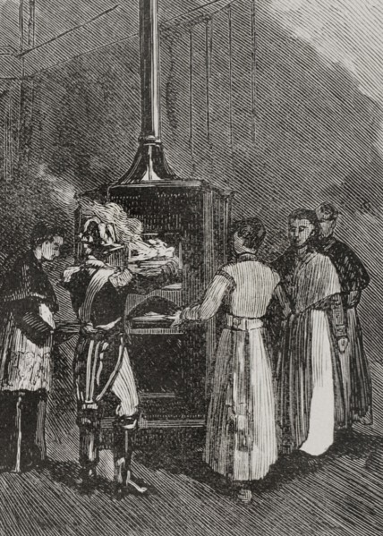 Pope Leo XIII (1810-1903). Italian pope (1878-1903). Born Vincenzo Gioacchino Pecci. The conclave for the election of Pope Leo XIII. Stove in Sistine Chapel where the ballots are burned after each scr...