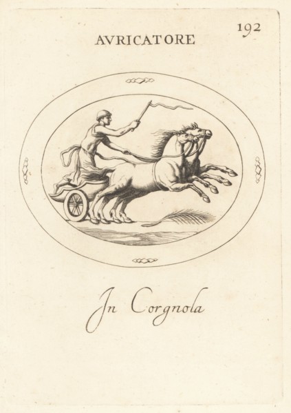 Aurigator or Roman charioteer driving a biga, a two-horse chariot.   He wears a pileus felt hat and holds a whip. The palm signifies victory in a race. In carnelian. Avricatore. In corgnola. Copperpla...