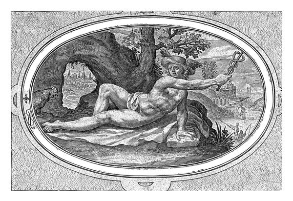 Mercury, Crispijn van de Passe (I), 1592 Landscape with Mercury and his symbol the rooster. Roosters usually pull Mercury's chariot. Mercury wears his