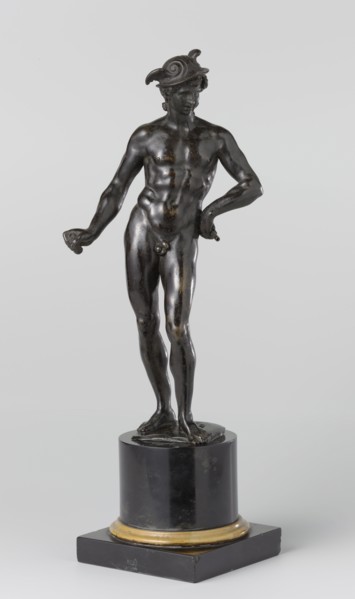 Mercury, Hendrick de Keyser (I), 1611 Mercury stands on a square stand, rest on the right leg and has placed the left forward. The upper body leans slightly slightly backwards, the head a little forwa...