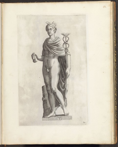 Statue of Mercury with Caduceus and Bag Money, 1636 - 1647 print Mercury statue with petasus on the head. In the left hand de Caduceus, a bag of money in the right hand. On the base the coat of arms o...