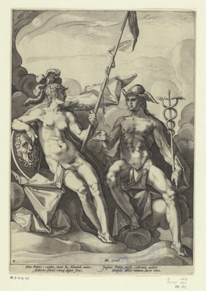 Minerva en Mercurius, Jacob Matham (attributed to), after Hendrick Goltzius, 1588 print Minerva with helmet, sword and banner in conversation with Mercury, with Caduceus and winged hat (petasus).  pap...