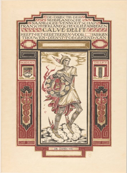 Design for: diploma for loyal service at Calvé-Delft, Richard Nicolaüs Roland Holst, 1924 print. certificate Hermes, recognizable by his winged sandals and petasus (hat), which holds a flower wreath. ...
