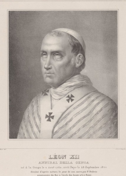 Portrait of Pope Leo XII, Léon XII, Annibal della Genga (title on object), print maker: Henri Joseph Hesse, after drawing by: François Dubois, printer: Gottfried Engelmann, after drawing by: Rome, pri...