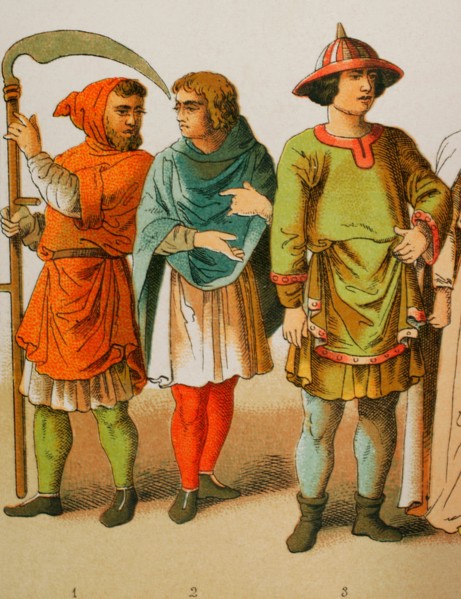 History of France, 1100. From left to right, 1-2: ploughmen, 3: nobleman. Chromolithography. "Historia Universal", by César Cantú. Volume V, 1884.