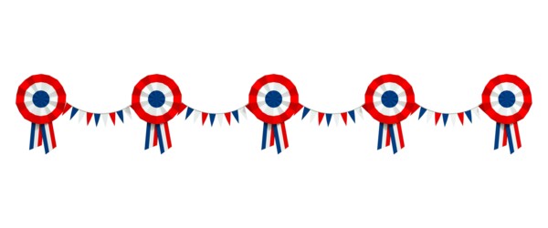 web banner, frieze with cockades and tricolor pennants for July 14, France's national holiday - 3D rendering