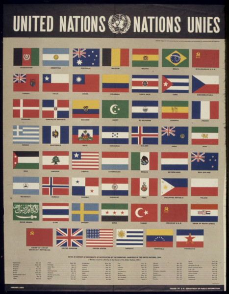 This World War II propaganda poster promotes the unity of Allied nations, represented by flags. It underscores the collective strength and determination of the countries fighting the Axis powers, prom...