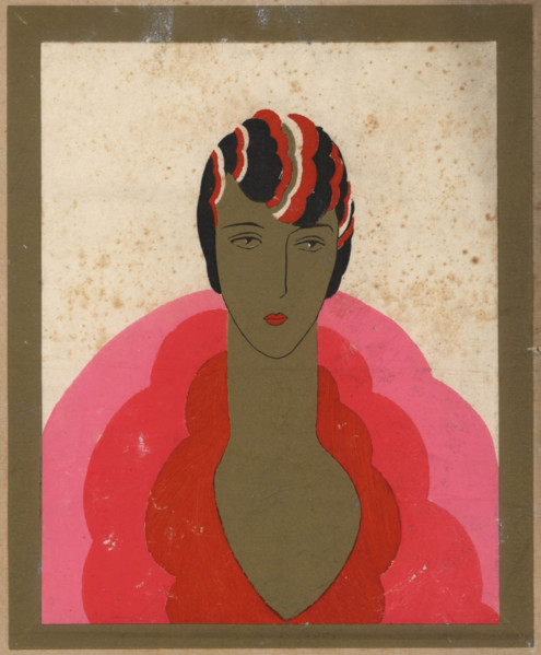 Woman in cloche hat and pink dress in gold frame, 1926.