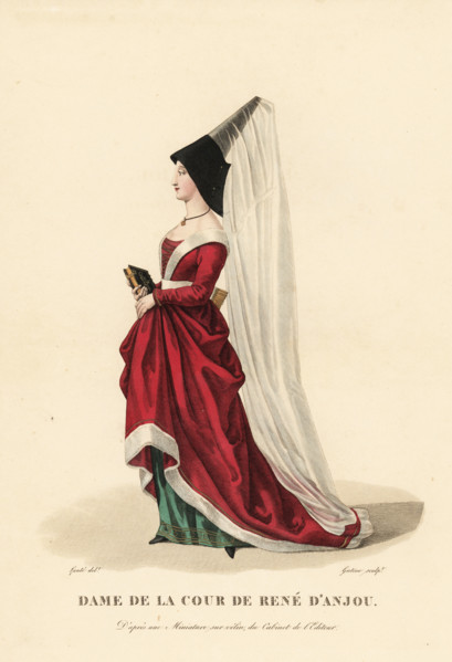 Woman of the court of Rene d'Anjou or Rene I of Naples, 1409–1480. She wears tall hennin conical hat with veil, red velvet dress over green petticoat. After a miniature on vellum in the editor's colle...