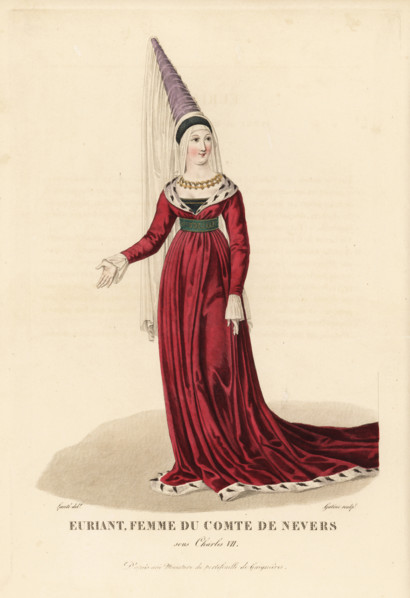 Euriant of Savoy, mistress of the Count of Nevers. The story of the beauty Euriant and Gerard de Nevers was related in La Roman de la violette by the poet Gerbert de Montreuil. She wears a high hennin...