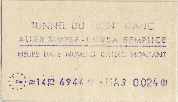 Ticket for the Mont Blanc Tunnel, issued in 1973. This transport ticket symbolizes the connection between France and Italy through the famous tunnel.