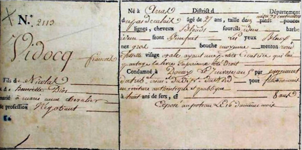 . English: Document concerning the sentence of Eugène François Vidocq because of forgery to eight years of hard labor in the Bagno of Brest, 27th December 1796 Deutsch: Dokument zur Verurteilung von E...