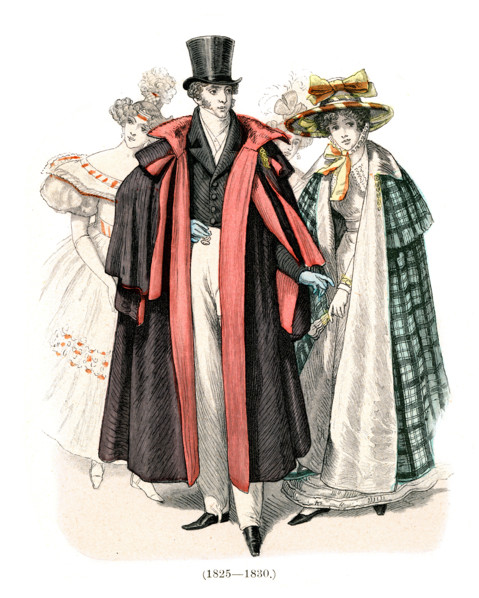 Vintage engraving of History of Fashion, Costumes of Germany early 19th Century.  High society man in cape and top hat, women in hat and cloak 1825 to