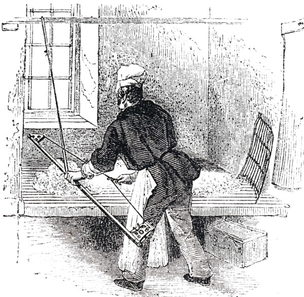 An engraving depicting the manufacturing of beaver hats: bowing fur and wool used to make the hats. Dated 19th century