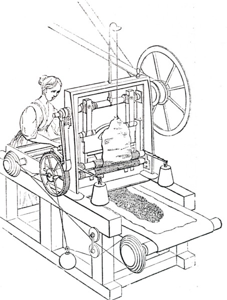 An engraving depicting the manufacturing of beaver hats: a machine used for shaving fur from the animal skin after it is washed. Dated 19th century