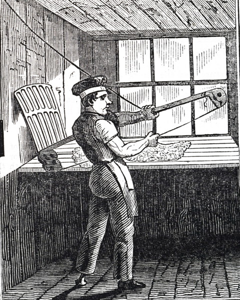 An engraving depicting the manufacturing of beaver hats: bowing fur and wool used to make the hats. Dated 19th century