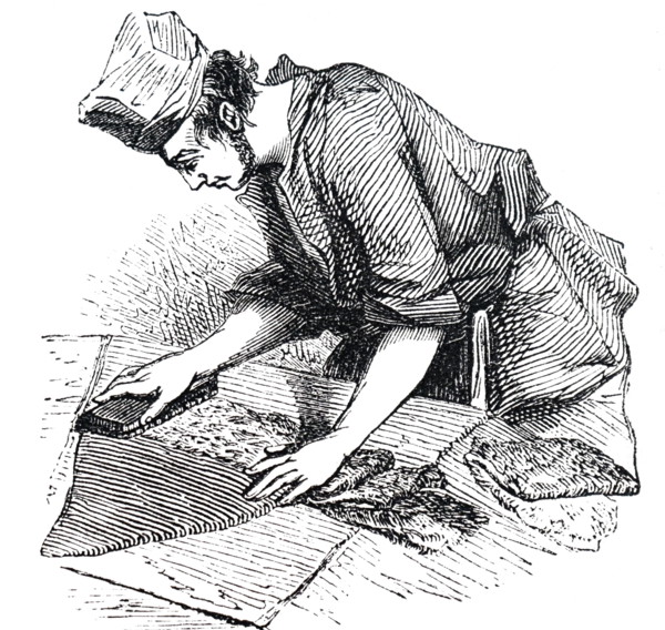 An engraving depicting the manufacturing of beaver hats: 'felting' the body of the hats in the 'kettle'. Mercury was used during the manufacture, and many hatters suffered from the uncontrollable shak...