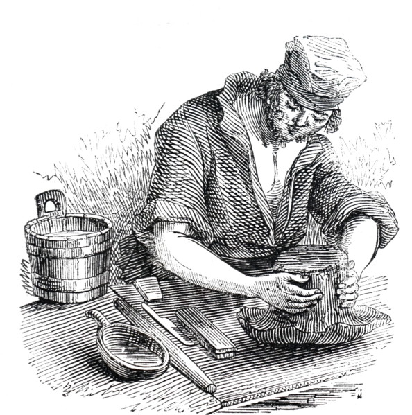 An engraving depicting the manufacturing of beaver hats: shaping a beaver hat on a block. Dated 19th century