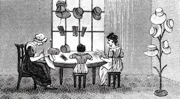 An engraving depicting women and child making plaited straw into hats. Dated 19th century