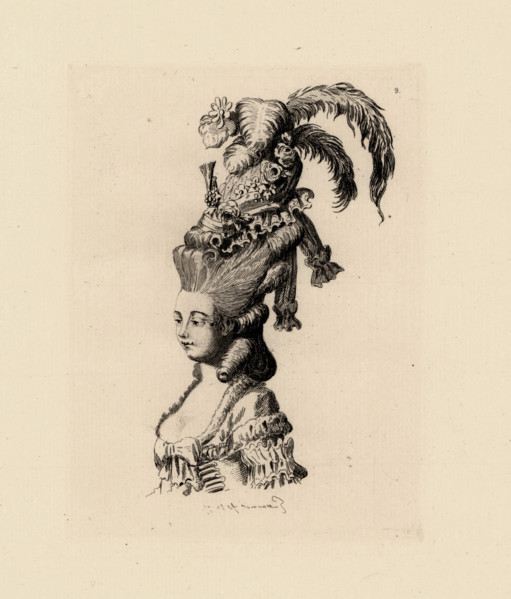 Woman in giant pouf hairstyle, era of Marie Antoinette. Copperplate etching by Auguste Etienne Guillaumot from Costumes et coiffures du XVIIIe siecle, Costumes and hairstyles of the 18th century, Cagn...