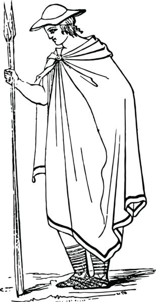 A Greek wearing Petasus, vintage line drawing or engraving illustration.