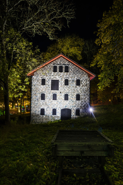 Illuminated building at night