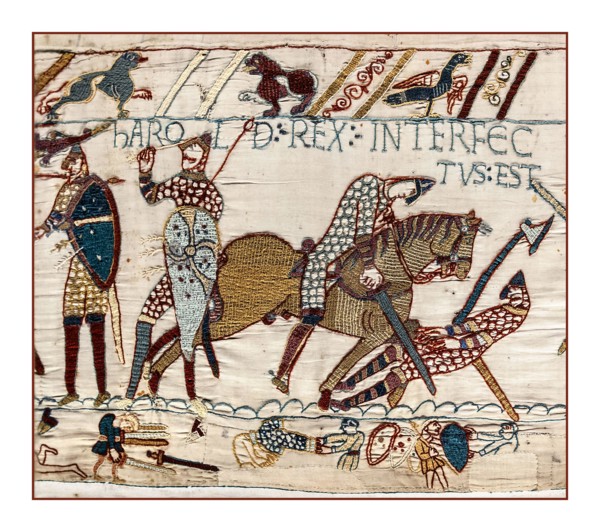 BAYEUX TAPESTRY DEATH Harold Rex Interfectus Est: "King Harold was killed". Scene from the Bayeux Tapestry depicting the Battle of Hastings and the death of King Harold, image of Bayeux tapestry scene...