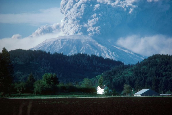Giant plumes of volcanic ash pour from Mount St. Helens on the day of its major eruption, May 18, 1980.