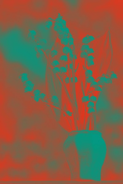 Abstract pop art flower in spring red and red turquoise trendy tinted colors. Lily of the valley. Toned feshenny floral background in red blue tones.