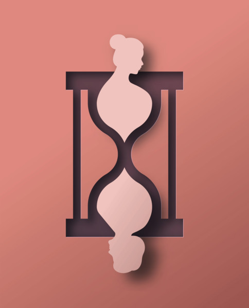 Young girl aging into old woman inside papercut hourglass sand clock. Age time illustration concept in modern 3D paper cut craft style. Senior care or