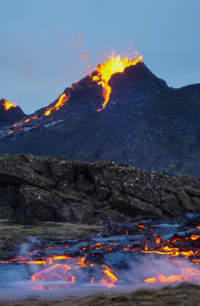 Molten lava flowing from a small volcanic eruption in Mt Fagradalsfjall, near the capital of Reykjavik, Southwest Iceland, in March 2021.