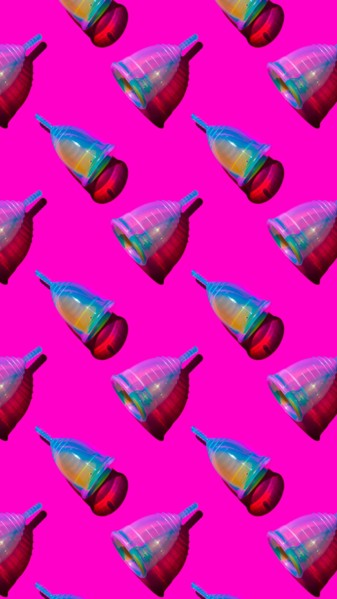 Menstrual cup. Seamless pattern on a magenta solid background. Eco and zero waste concept.