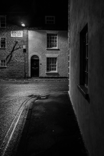 Bridport at night, St Michael's Lane on an Autumn night. Quiet and atmospheric. Night photograph.
