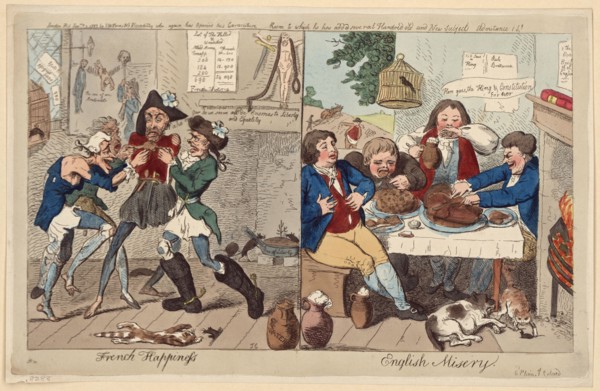 French happiness - English misery   IC.. British Cartoon Prints Collection . France,History,Revolution, 1789-1799. , Sansculottes,1790-1800. , Starvation,France,1790-1800. , Gluttony,1790-1800. , Eati...