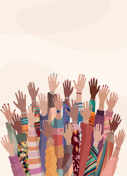 Raised hands of group multicultural women. International women s day. Diversity - inclusion - equality - girl power or empowerment concept