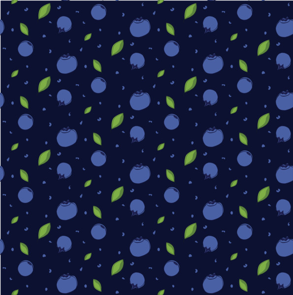 Vector seamless pattern with blueberries and leaves in graphic line style on a dark blue background.