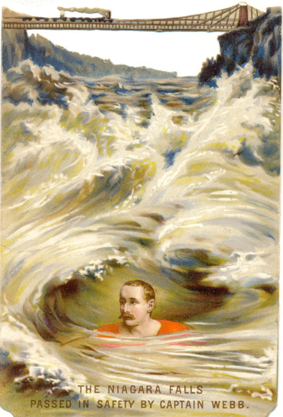 Die cut scrap of Captain Matthew Webb swimming the rapids at Niagara Falls