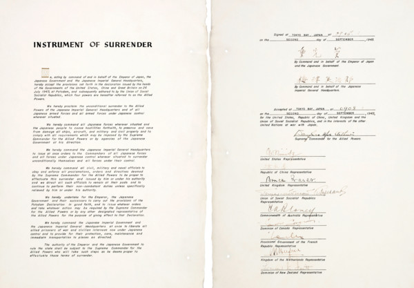 JAPAN INSTRUMENT OF SURRENDER document signed on USS Missouri in Tokyo Bay on 2 September 1945