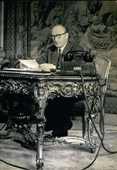 Sep. 12, 1956 - Before the ministers' meeting, Prime Minister Guy Mollet (pictured) held a press conference at the Elysee Palace in the presence of journalists and French radio and television reporter...