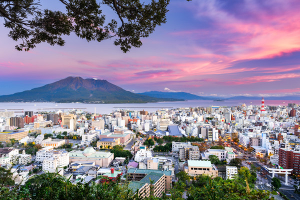 Kagoshima, Japan with Sakurajima Volcano.