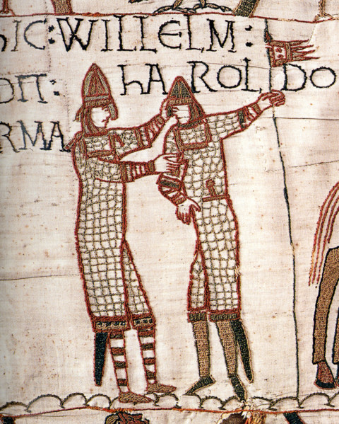 Bayeux Tapestry, William supplying weapons to Harold during Harold's trip to the continent in 1064