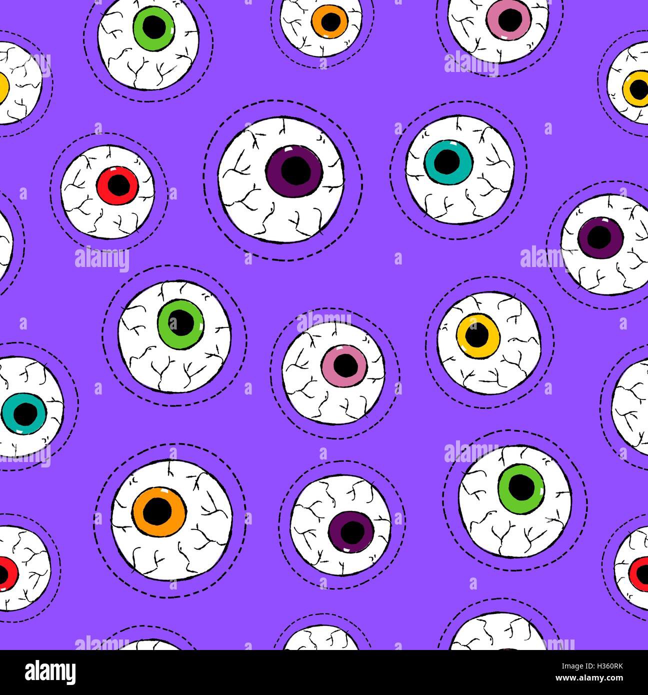 Hand drawn eyeball seamless pattern with human eye stitch patch icons in vibrant color. EPS10 vector.