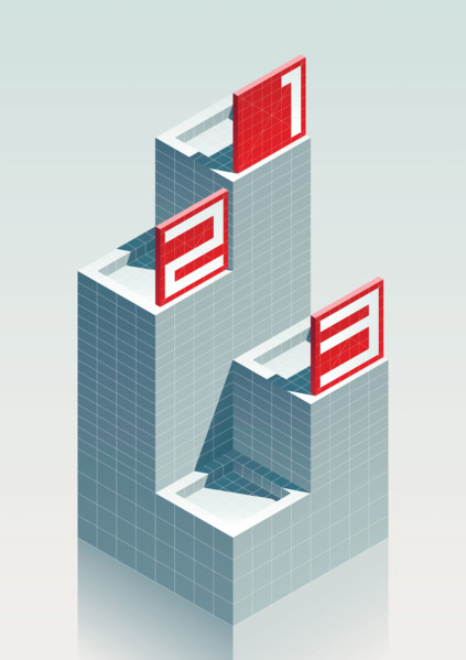 3D effect realistic 123 podium with red billboards. Vector
