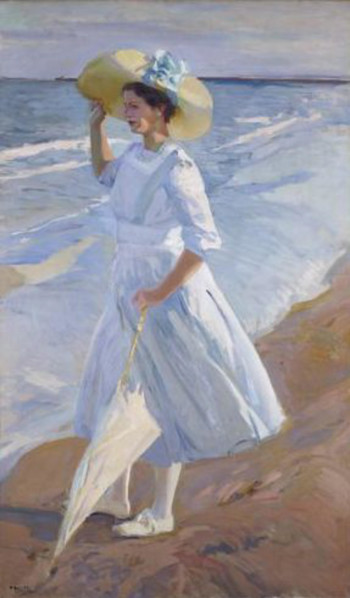 *Elena en la Playa* (Elena on the Beach) by Joaquin Sorolla is a vibrant painting depicting a woman on the beach, bathed in sunlight. Known for his mastery of light and color, Sorolla captures the ser...