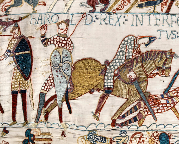 Detail from the Bayeux Tapestry showing the Death of King Harold at the Battle of Hastings in 1066.
