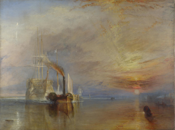 The Fighting Temeraire tugged to her last Berth to be broken up .  English: The Fighting Temeraire. 1839, by Joseph Mallord William Turner. Measures 3' x 4' Français : The Fighting Temeraire. 1839, pa...