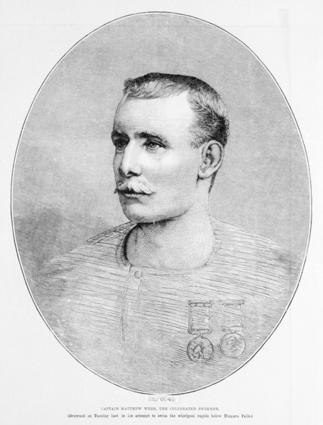 .  English: A head to torso portrait of Captain Matthew Webb from the Illustrated London News A head to torso engraved portrait of Captain Matthew Webb within a printed oval surround. This portrait is...
