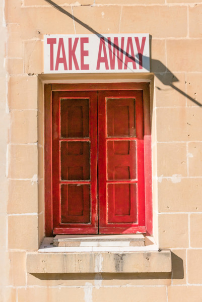 Red window and shutters with a sign above saying "Take Away"